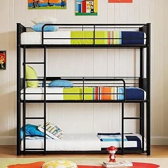 Triple Bunk Bed for Kids, Full Over Full Over Full Metal Three Bunk Bed with Ladder and Guardrail, Heavy Duty Bunkbeds, No Box Spring Needed, Black