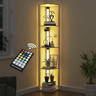 VTRIN Corner Shelf with Light, Floor Lamps with Shelves for Living Room, Small Space, Modern Home Decor Stand Sturdy 5-Tier Corner Bookshelf Cabinet Display Shelf for Collectibles, White