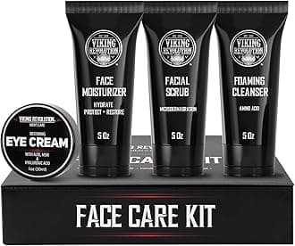 Viking Revolution - Mens Skin Care Kit - Mens Facial Care Kit - Includes (148ml Each) Rejuvenating Face Moisturiser, Microdermabrasion Facial Scrub, Foaming Cleanser & Eye Cream (30ml) - Gifts For Men