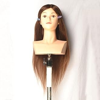 22 inch 100% Human Hair Mannequin Head Manikin Cosmetology Heads Practice Braiding Styling Training Coloring Bleaching Dyeing Curling Cutting Updos (dark brown)
