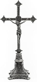 BC Catholic Standing Crucifix, Jesus Christ Tabletop Cross, Religious Gift Devout Home Décor, 8" H Zinc Alloy with Antique Silver Plating