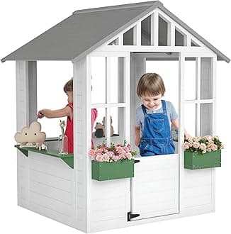 Outdoor Playhouse Wooden Kids Playhouse with Working Door, Windows, Kids Cottage with Flowers Pot Holder for Backyard, Garden, Indoor Playroom Imaginative Play, White