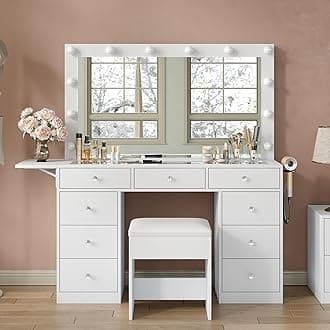 Yanosaku Vanity Desk & Power Outle, Makeup Vanity with Mirror and 12 LED Lights, 9 Drawers Makeup Table with Fold-up Panel, Vanity Set 3 Lighting Modes Brightness Adjustable (White)