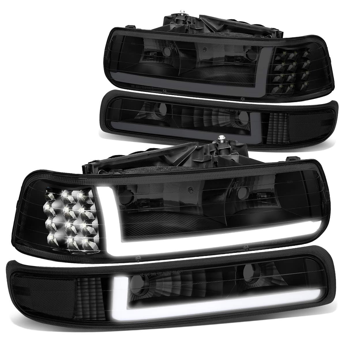 DNA MOTORING Pair Headlight Assembly Compatible with 99-02 Silverado 1500 2500/01-02 Silverado 1500 2500 HD, w/LED Daytime Running Light Bar, Black/Smoked, HL-LB-CSIL99-BK-SM-CL1