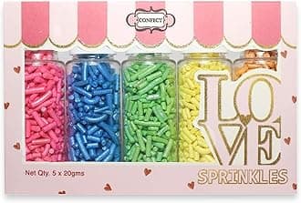 - Confect Rainbow Sprinkles – 5 Pack Assorted Jimmies (Bright Pink, Blue, Green, Yellow & Orange) – Colorful Cake & Cupcake Decorating Toppings – Vegan, Gluten-Free, Nut-Free, Soy-Free, Dairy-Free, Palm Oil-Free - 140 Gms