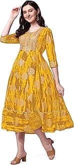 MIRCHI FASHION Women's Cotton Relaxed Fit A Line Sequins Embroidery Work Foil Printed A-Line Kurti Only