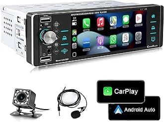 Single Din Car Stereo Compatible Single Din Carplay Android Auto, 5.1 Inch METEESER Bluetooth Car Stereo with Backup Camera, 1 Din Touchscreen Radio Support FM/Mirror Link/SWC/USB/DVR/AUX-in