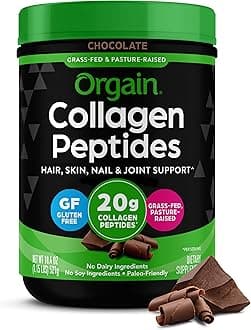 Orgain Hydrolyzed Collagen Peptides Powder For Women & Men, Chocolate, 20g Grass Fed Collagen - Hair, Skin, Nail, & Joint Support Supplement, Paleo & Keto, Non-GMO, Type I and III, 1lb