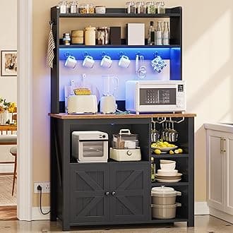 Itaar 35.4 inch Coffee Bar Cabinet, Bakers Rack with Power Outlet and Storage, Farmhouse Microwave Stand Kitchen Cabinet with Hutch, LED Lights, Wine Glass Holder and 8 Hooks, Black
