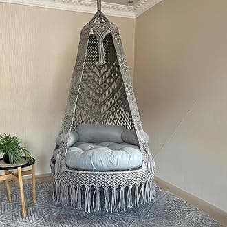 ecofynd Premium Luxury Macrame Swing Hammock with Cushion Set for Adults & Kids, Large Chair Jhula Relax for Indoor, Outdoor, Balcony, Deck, Patio, Living Room, Home (Gray, BH036)