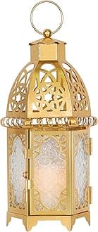 DECORKEY Moroccan Lanterns Decorative Indoor & Outdoor, 11’’ Medium Size Golden Metal Hanging&Tabletop Candle Holder Decor, Halloween Christmas Ramadan Decorations for Home Porch Patio (Golden)