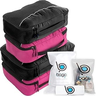 bago 7 Pcs Packing Cubes for Travel - 4 Travel Packing Cubes for Suitcases with 3 ZipLock Bags - Luggage Organizer Bags to Get Maximum Storage, Save Time & Effort to Pack (Black Pink)