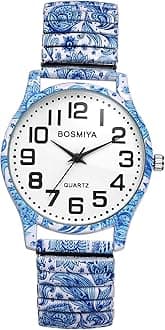 Women's Stretch Band Watches: Ladies Boho Printed Elastic Strap Easy Reader Analog Quartz Bangle Wrist Watch