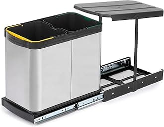 Emuca - Recycle Inox recycling bins for kitchen, 2 x 12 L, bottom fixing and manual/automatic removal.