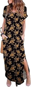 HUSKARY Women's Summer Maxi Dress Casual Loose Pockets Long Dress Short Sleeve Split Maxi Dresses