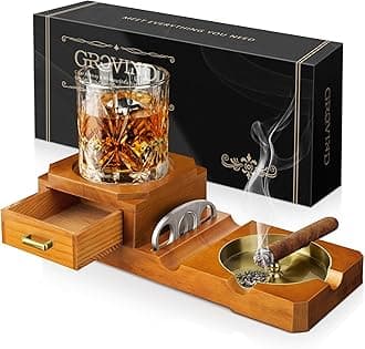 Cigar Ashtray Gift Set with Cigar Cutter, Whiskey Glass Tray and Wooden Ash Tray Outdoor Ashtray for Cigarettes, Great Decor for Home Office cigar Gifts for Men