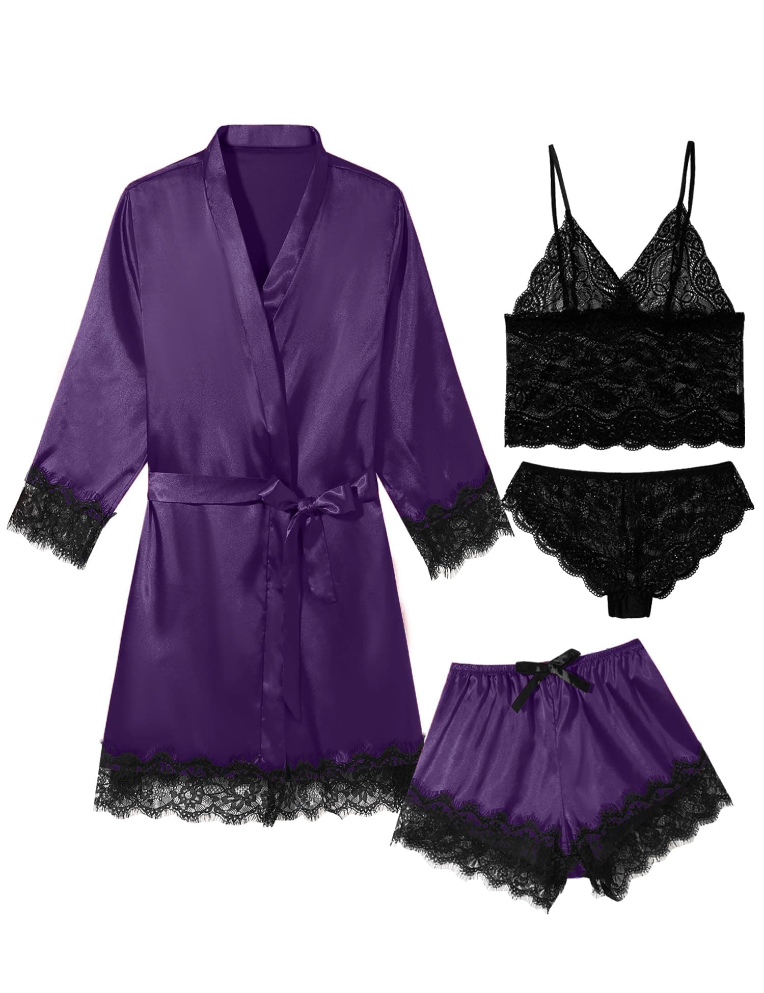 QLVKYWWomens Lingeries Silk Pajamas Robes Set 4 Pcs Sexy Pjs Cami Shorts Satin Sleepwear Lace Loungewear