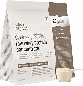 The Whole Truth Whey Protein Concentrate Unflavoured 1 Kg (2.2 Lbs) 26G Protein Per Scoop 6.4G Bcaa Authentic Whey & No Adulteration Clean and Light Muscle Building Vegetarian