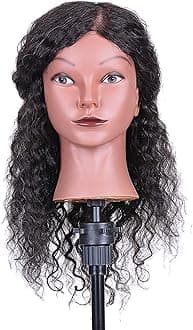 Hair Mannequin Head, 100% Real Hair African Mannequin Head with Curly Human Hair Cosmetology School Training Head with Free Table Clamp for Hair Styling Braiding(16inch)
