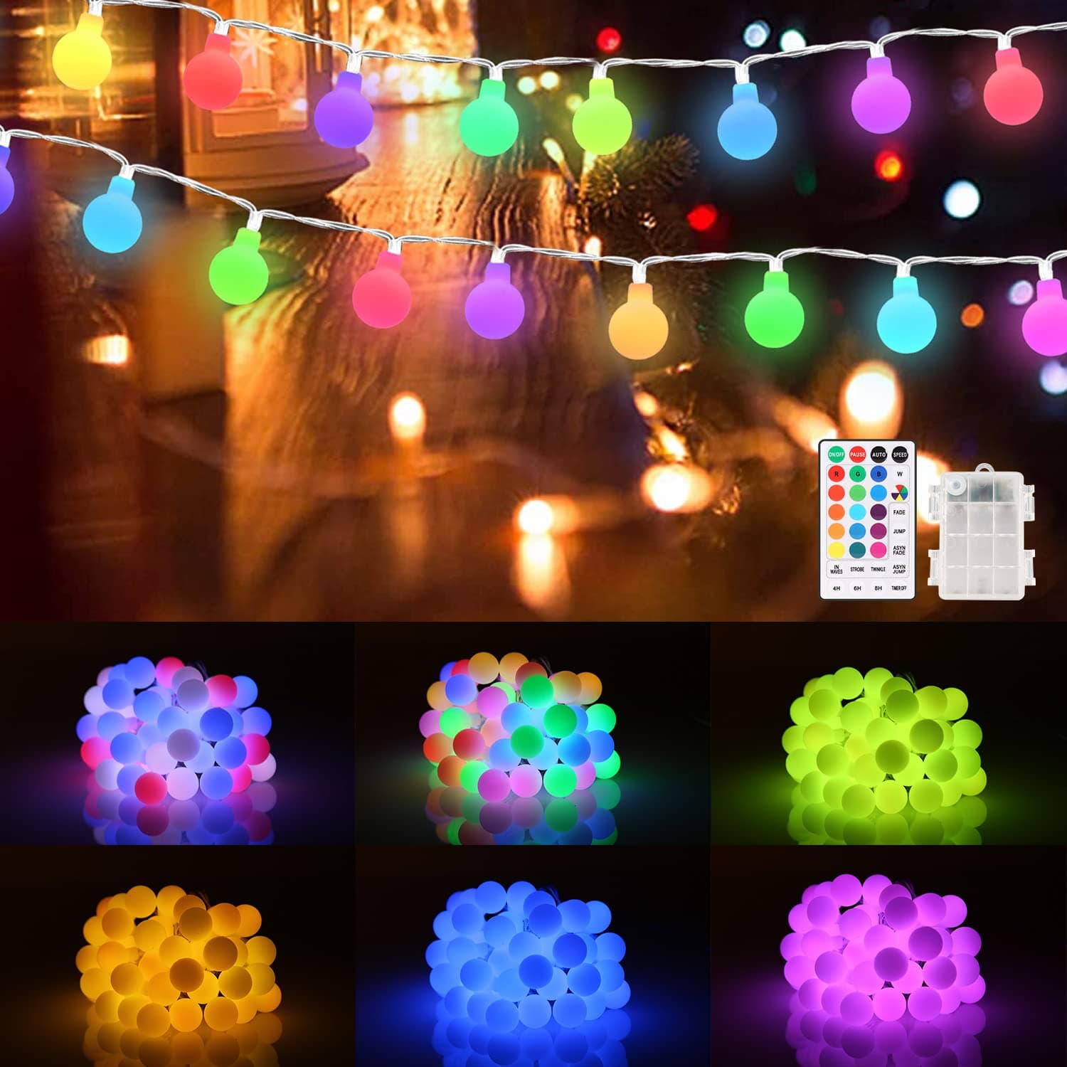 ECOWHO Globe Fairy Lights Battery Operated, 5.2M 50 LEDs Colored String Lights Outdoor with Remote & Timer for Indoor Bedroom Christmas Outside Garden Wedding Party Decorations(Warm White & RGB)