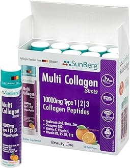 Sunberg Multi Peptides Liquid Shots - 10,000mg Hydrolyzed Collagen Type 1, 2, 3 Hyaluronic Acid Biotin Skin Hair Nail Joints Bones Muscles Teeth - Halal Collagen Complex Supplement 10 Shots
