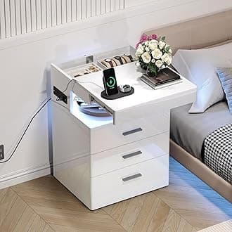 Treocho Led Nightstand with Hidden Space, Modern Night Stand with Charging Station, 3 Drawer Smart Nightstand with Glossy Finish, Tall Bedside Table with RGB Lights for Bedroom, White