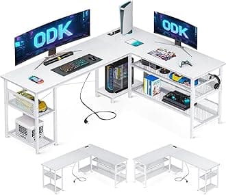 ODK L Shaped Gaming Desk, 168 x 120 cm Reversible Computer desk with 2 Sockets and 2 USB Charging Ports, Corner Desk with Storage for Home Office White