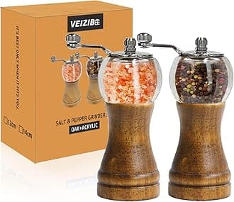 VEIZIBEE Pepper Grinder, Classical Roast Black Manual Pepper Grinder Set, Hand Shake Sea Salt Mill, Retro Style Wood， Acrylic，Ceramic Blades, Enjoy Fresh Pepper Spices (Walnut color 2pcs-6in)