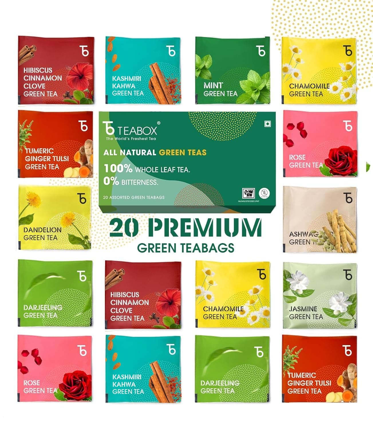 Wellness Green Tea Sampler Pack - 20 Assorted Tea Bags, 10 Flavors × 2 Each | Whole Leaf, 0% Bitterness | Green Tea Variety Pack for Every Mood