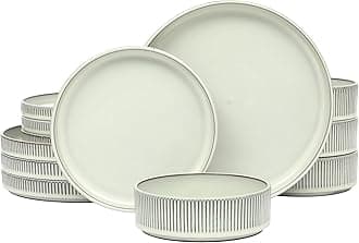 Gibson Elite 12 Piece (Service for 4) Townscape Plates and Bowls Reactive Glaze Embossed Round Dishes Terracotta Ceramic Dinnerware Set - Cream White