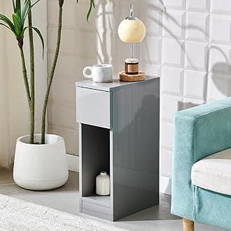 Slim Bedside Table Bedroom Nightstand with Open Shelf & Drawer, Narrow End Table Sofa Side Table for Living Room, Compact Wooden Lamp Table Telephone Table for Home Office, High Gloss Grey