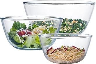 Homwin Glass Mixing Bowl Set of 3 for Kitchen, Baking, Prepping, Serving, Cooking 1.1QT, 2.5QT, 4.2QT Large Salad Bowl Set, High Brosilicate Bowl Set, Stackable, Non-toxic, Microwavable, Great Gift