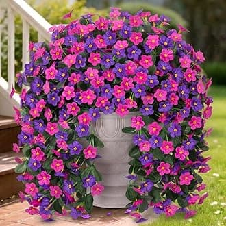 Artificial Fake Hanging Flowers Plants for Outdoor Spring Summer Decoration, 2PCS Faux Silk Daisy Flower Look Real UV Resistant Orchid Vine for Home Outside Garden Wall Indoor(Dark Purple and Fuchsia)