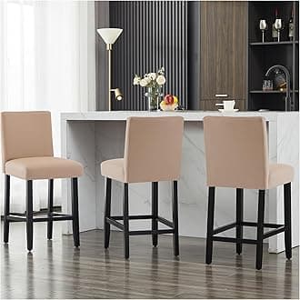 26'' Faux Leather Bar Stools Set of 3, Modern Upholstered Bar Chairs with Back, Soild Wood Legs Barstools for Kitchen Island, Light Brown