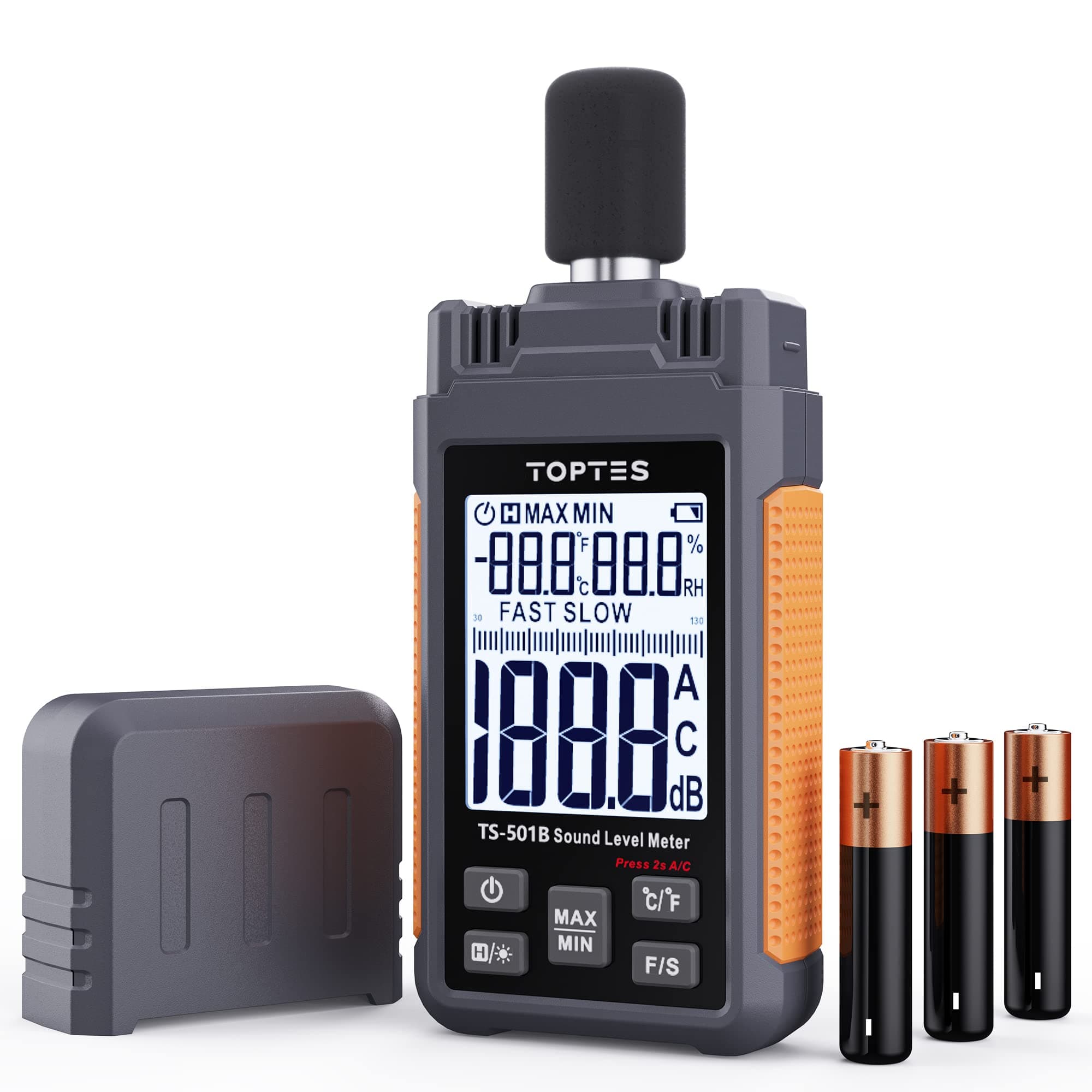 TS-501B Sound Level Meter with 2.24” Backlit LCD Screen, A/C Weighted Decibel Meter, Range 30-130dB, Temperature & Humidity, MAX/MIN, Data Hold, Use for Home, Noisy Neighbor, Factory - Orange