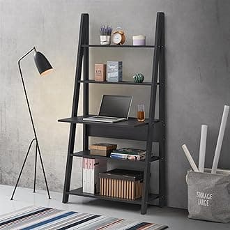Timber Art Design Riva 5 Tier Ladder Bookcase Organizer Rectangular Shelves & Overhanging Desk Shelf Store Living Room Decor Storage Furniture (84.2 x 175.4 x 50 cm, Black)
