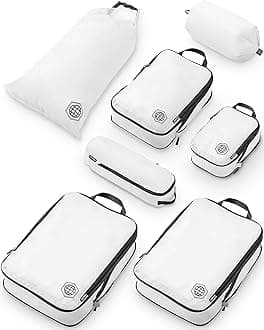 TRIPPED XL Compression Packing Cubes — 7-Piece Set for Checked Luggage | Extra-Large (15.7"×11"×4") + Large + Small + Tube + Laundry Bag | Ripstop Nylon | White/Grey
