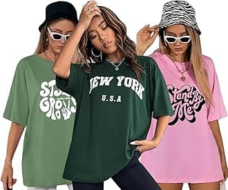London Hills Women's Cotton Oversized Fit Printed Round Neck Oversized T-Shirt | Loose Fit Drop Shoulder T-Shirt Pack of 3