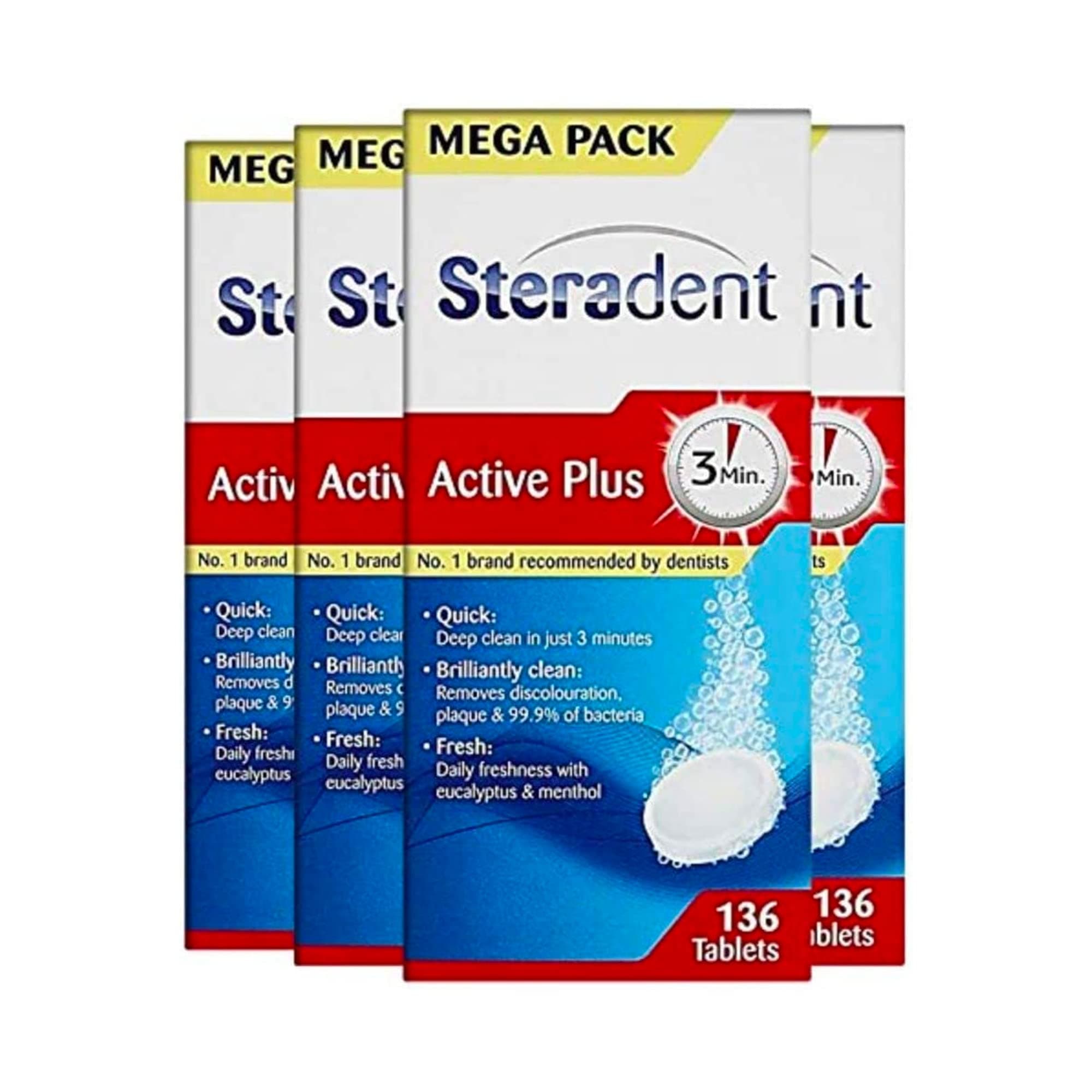 Steradent Active Plus Denture Cleaner, 544 Tablets, Plaque Remover For White Teeth, Mint Fresh, Kills 99.9% Bacteria, Care Cleansers, 136 Count, Pack Of 4