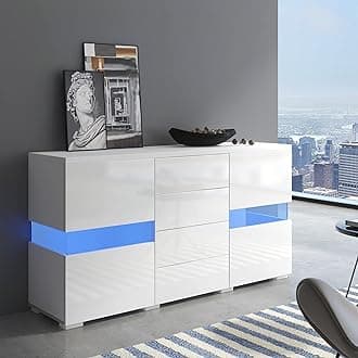 White High Gloss Sideboard with 2 Doors and 4 Drawers for Living Room, Dining Room, Hallway, Sideboard with LED Light, 140x35x72 cm
