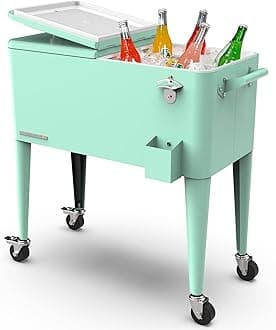 Permasteel 80-Qt Large Outdoor Patio Cooler with Wheels & Handles, Portable Rolling Hard Cooler for Outside, Retro Ice Cooler Cart, Beverage Can Coolers for Backyard Parties
