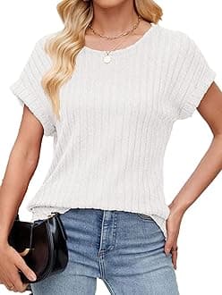 Womens Short Sleeve Textured Tops Crewneck Knit Solid Loose Casual Basic T Shirts Tee Blouses