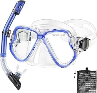 Snorkeling Gear for Adults Kids, Dry Snorkeling Set, Panoramic Anti-Leak and Anti-Fog Tempered Glass Lens, Adjustable Strap Snorkel Set with Mesh Bag Ear Plug for Snorkeling Scuba Diving Travel