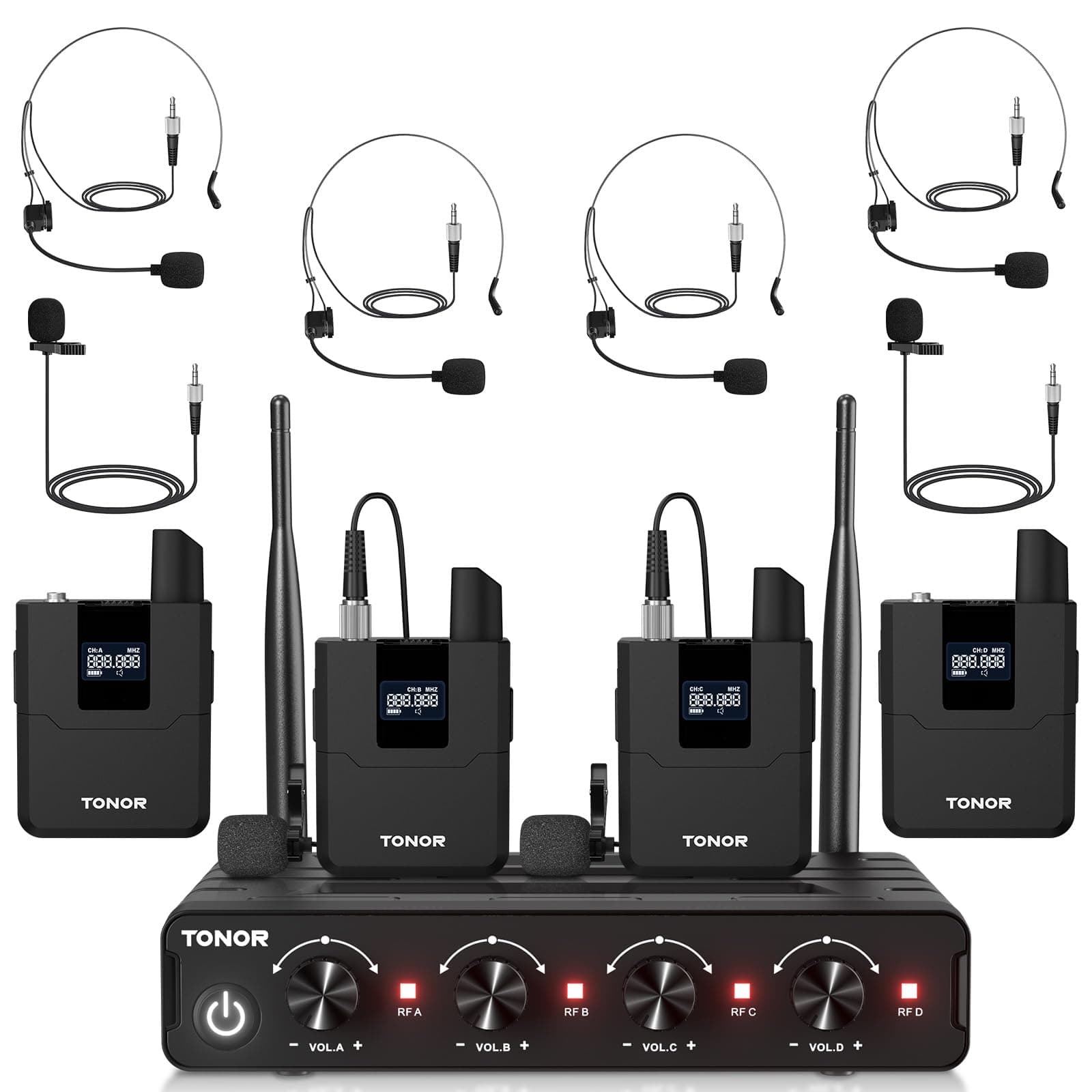 Wireless Microphones System with UHF Headset/Lavalier Lapel Mics, Bodypack Transmitter, Receiver, 4 * 5 Channels, 60 M Range for Church Conference Performance Singing Karaoke PA Speaker Mixer
