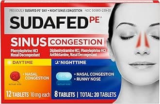 Sudafed PE Sinus Congestion Day + Night Maximum Strength Decongestant & Antihistamine Tablets with Phenylephrine HCl & Diphenhydramine HCl, Helps Nasal & Sinus Pressure & Congestion, 20 ct