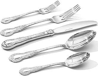 KINGSTONE Vintage Carved Silverware Set, 20-Piece 18/10 Stainless Steel Flatware Cutlery Set with Retro Royal Thick Handle, Tableware Utensils for Home, Restaurant, party, Wedding, Dishwasher Safe