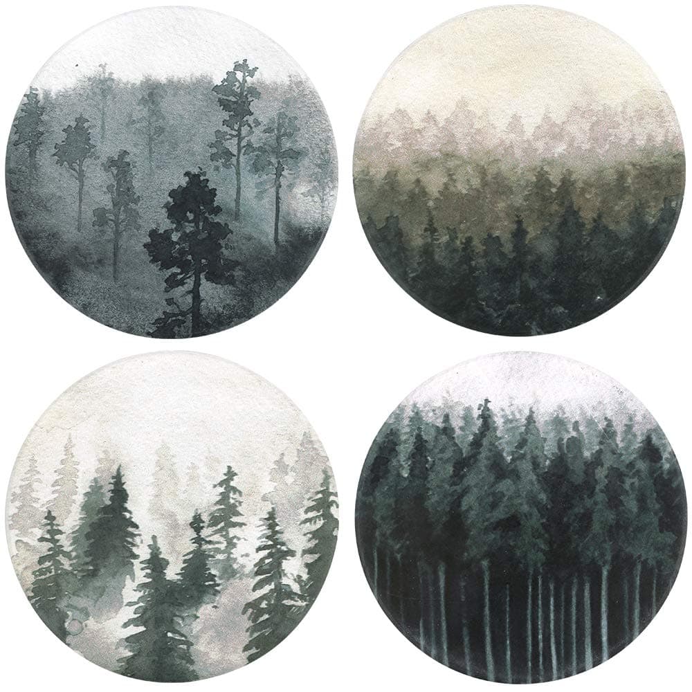 Forest Pattern Coasters - Round Drinks Absorbent Stone Coaster Set with Ceramic Stone and Cork Base for Kinds of Mugs and Cups (Forest, 4)