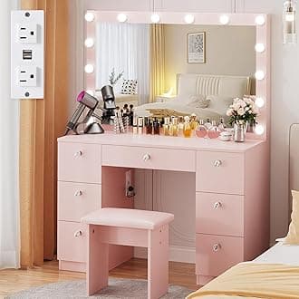 VOWNER Vanity with Lighted Mirror - Makeup Vanity Desk with Glass Top, 7 Drawers and Power Outlet, 3 Color Lighting Modes Adjustable Brightness, 44" Vanity Table with Stool for Women Girls, Pink