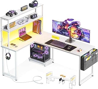 ODK 53 Inch L Shaped Desk with LED Lighting, Reversible Gaming Desk with Power Outlets, Cornor Computer Table with Storage Shelves & Bag & Iron Hook, Home Office Table for Writing, Study, White