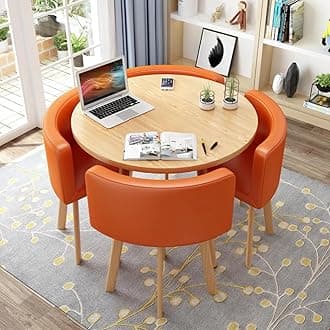 SUZEPER Round Kitchen Dining Table Set for 4, Space Saving Table and Chairs Set with Thick Tabletop 4 Upholstered Chairs, Dinning Room Modern Casual Coffee Table Set(D 31.5inch/80cm, PU OrangeA)
